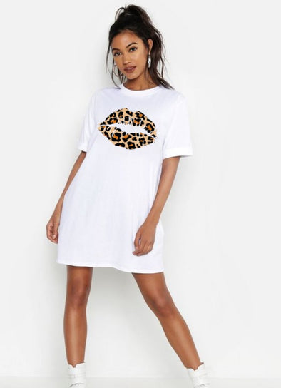 Cheetah print Lips |  Woman's Top Half sleeve White Tshirt Dress